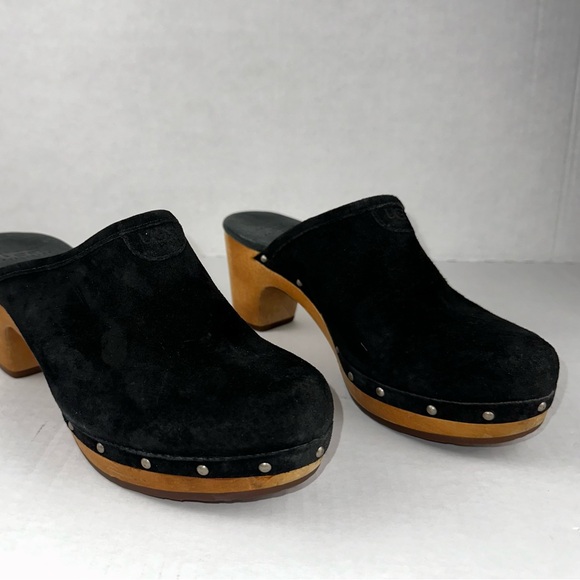 Ugg Black Suede Sheepskin Lined Abbie‎ Wooden Heel Clogs size 7 - Picture 1 of 9